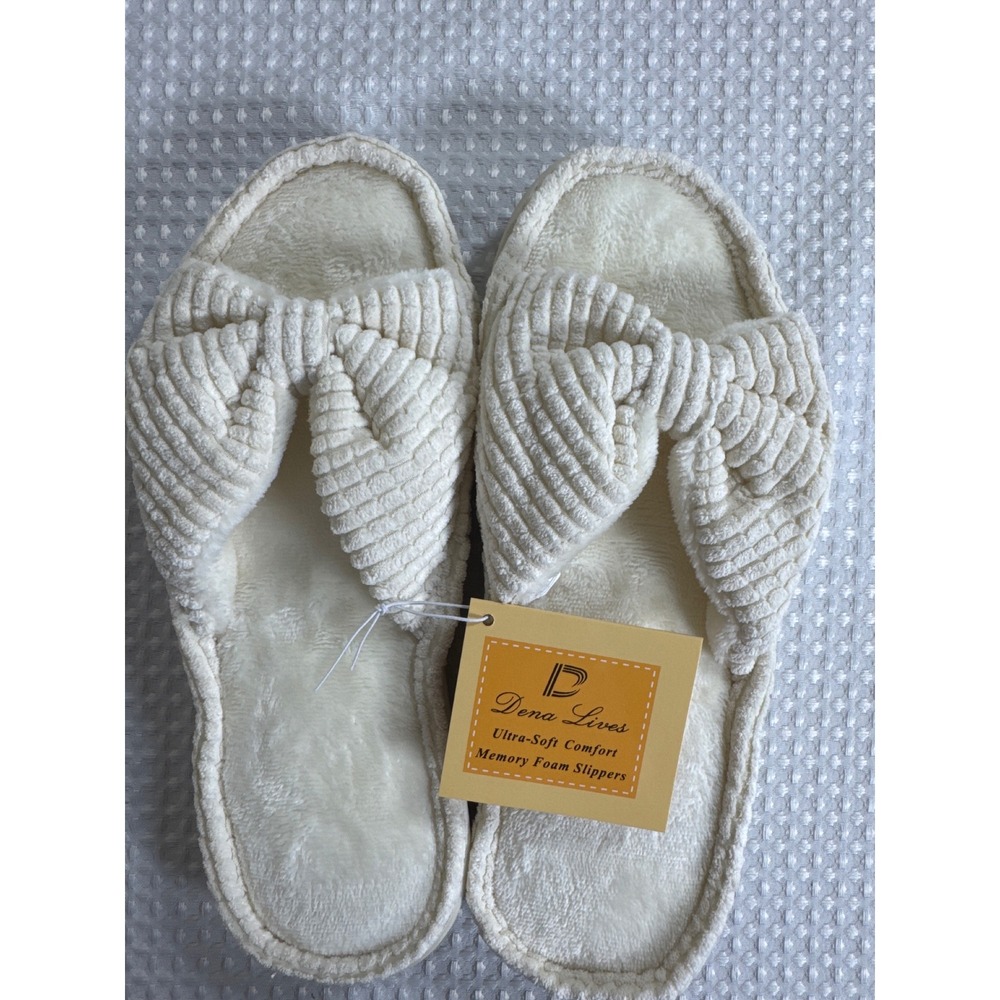 Dena Lives Slippers Women Large Memory Foam Cream Bow NWT